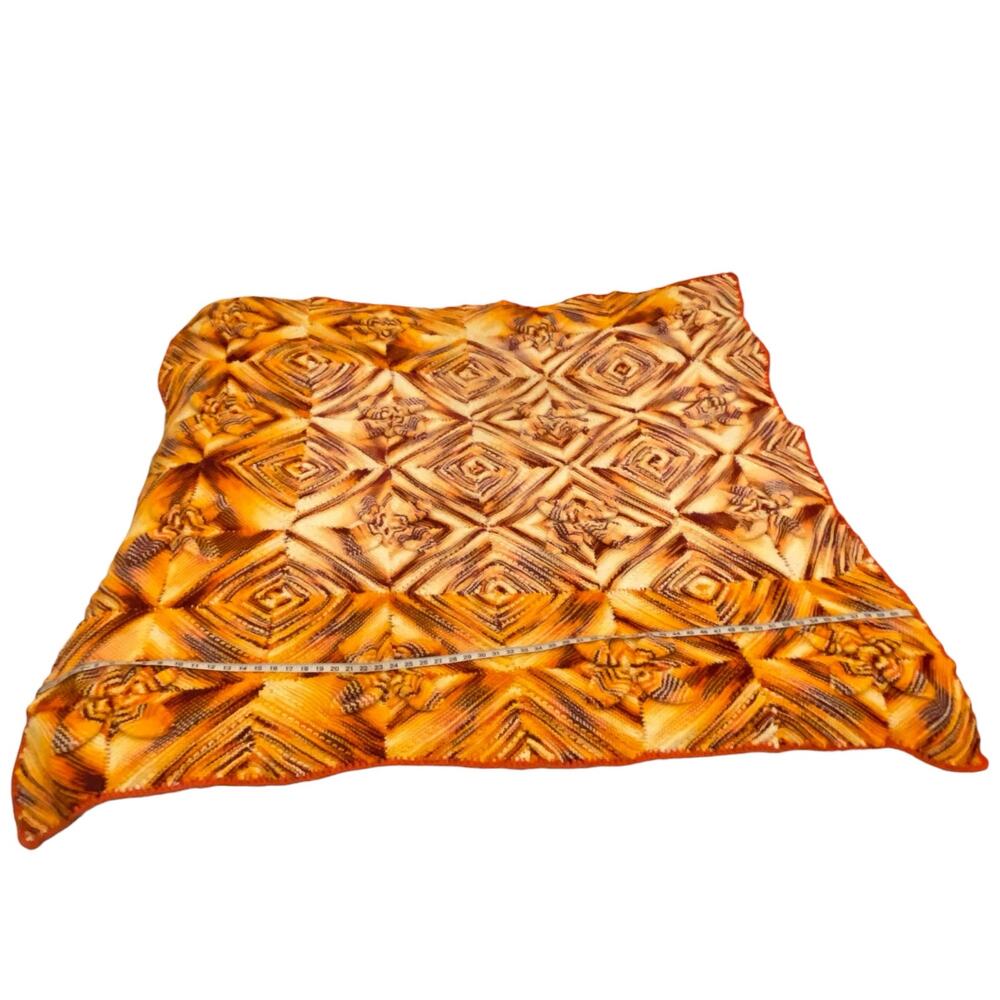 Handmade Knit Mitered Diamond Afghan Throw Blanket Gold Brown 63x58
